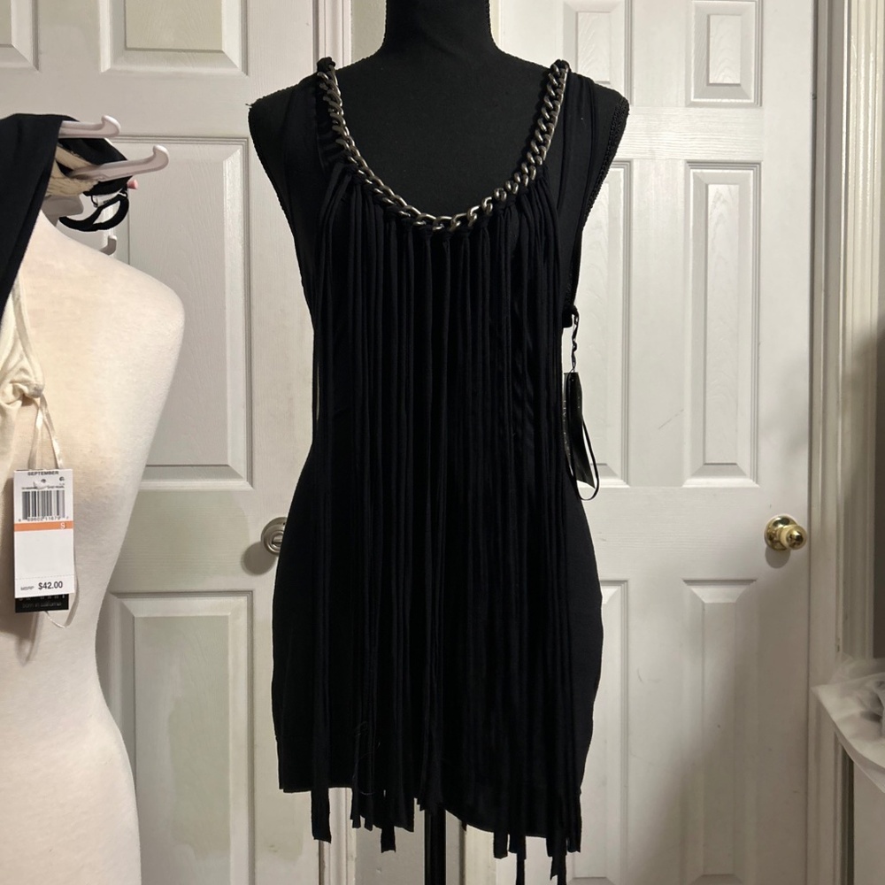 Affliction handcrafted tank top/ mini  black with fringe overlay chsin neckline